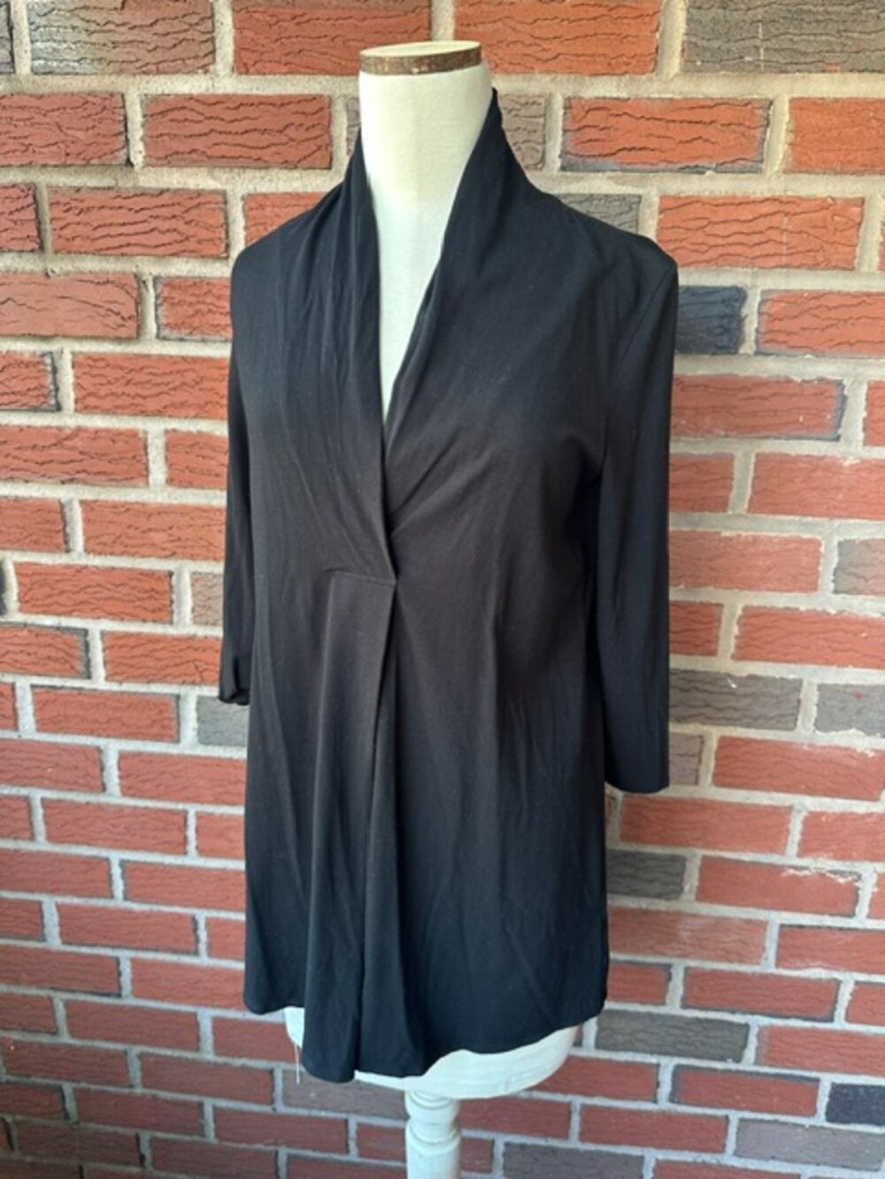 Eileen Fisher Black Viscose Jersey Tunic Top Draped V-neckline - ¾ Sleeves - XS
